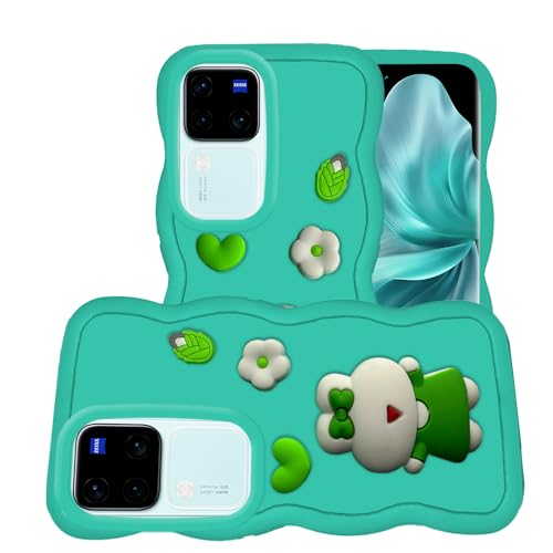 Image of AESTMO Back Case Cover for Vivo V30 / V30 Pro 5G | 3D Cute Fun Cartoon Characters | Anti Slip Grip Cute Wave Curly Frame Shape | Full Body Protection Back Cover for Vivo V30 / V30 Pro 5G (MintGreen)