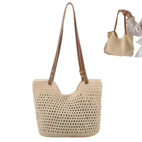 Bolso de playa tejido a ganchillo de paja, bolso tote bohemio con forro impermeable para vacaciones de verano, viajes y uso casual, bolso ligero de hombro miniatura 1