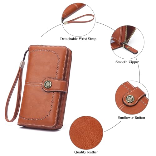 Image of RNIEGA Womens Wallet Leather Billfold RFID Blocking Credit Card Holder Wristlet Wallets for Women Ladies Purses with Zipper Coin Pocket