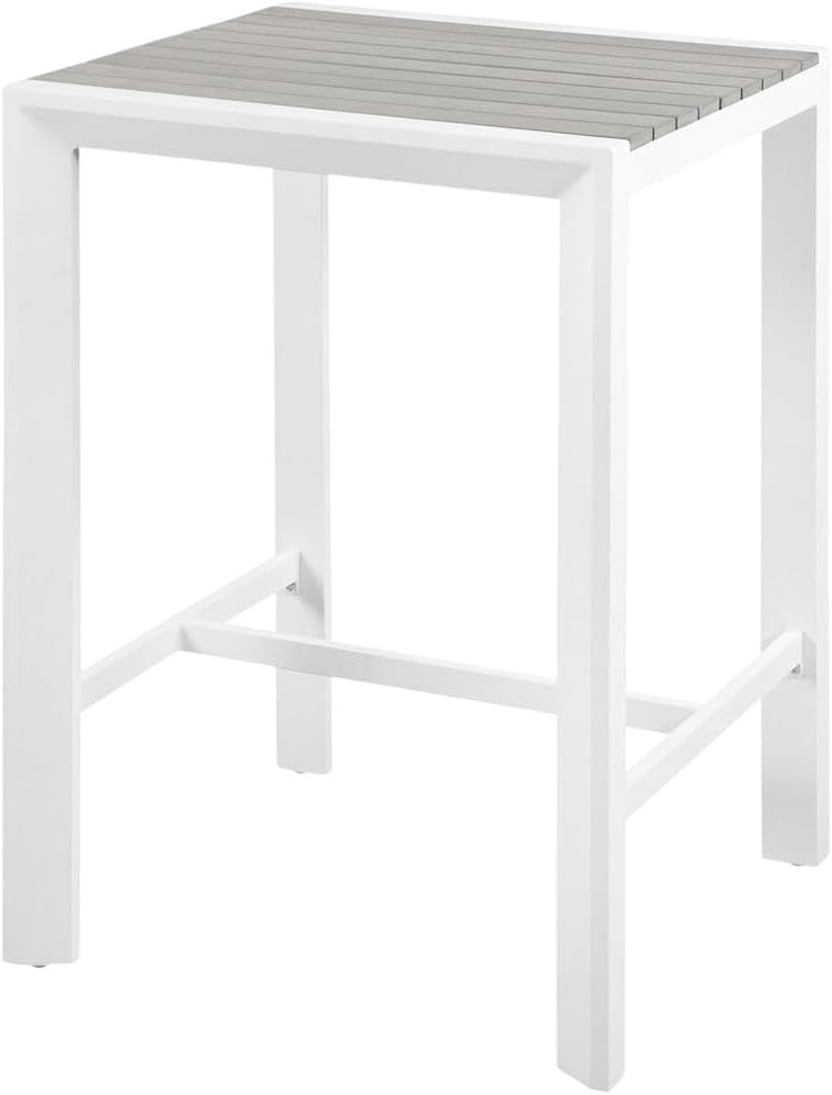 Gray Wood Look Accent Paneling, Outdoor Patio Aluminum Square Bar Table, Contemporary Style, 27.5-Inch Square, Lightweight