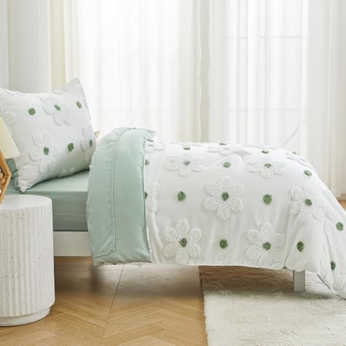 Image of Toddler Bedding Set for Girls 4-Piece Sage Green Boho Tufted Daisy Flowers Toddler Comforter Set Bed-in-a-Bag Toddler Sheets Bedroom Set with Toddler Comforter, Flat Sheet, Fitted Sheet, Pillowcase