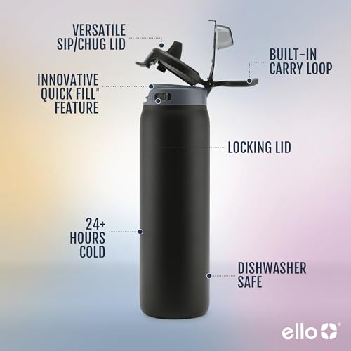 Image of Ello Pop & Fill Insulated Stainless Steel Water Bottle with Quick Fill Lid, Leakproof Locking, Sip or Chug Spout, BPA-Free, Double Wall Vacuum Insulated for Sports, Travel & School- 22oz / 32oz / 40oz