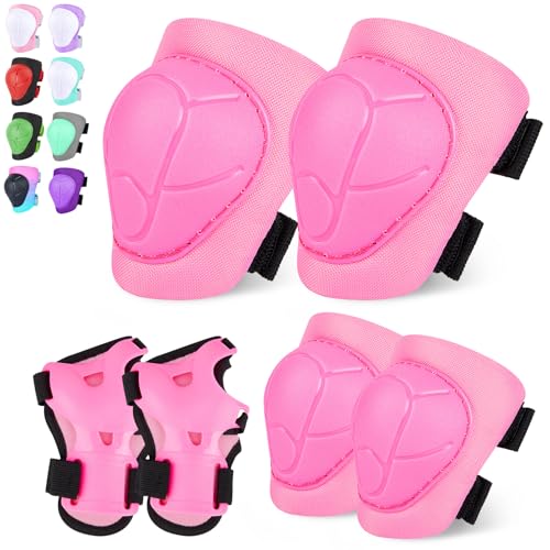 FIODAY Knee Pads for Kids Knee and Elbow Pads Wrist Guards Adjustable Protective Gear Set for Girls Boys Inline Skating Biking Skateboard Scooter Knee Pads, Flesh Pink, 3-8 Years