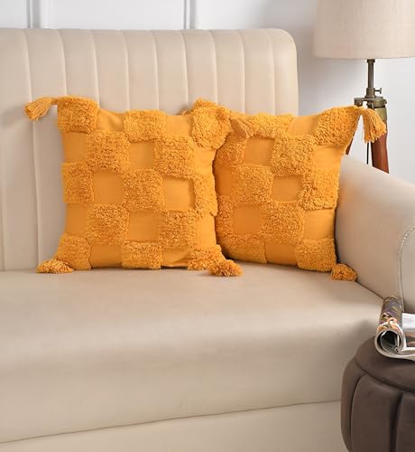 Image of TIB Premium Boho Decorative Throw Cushion Covers, 16 x 16 cm, Set of 2, Cotton. (Mustard Checks)-230 TC