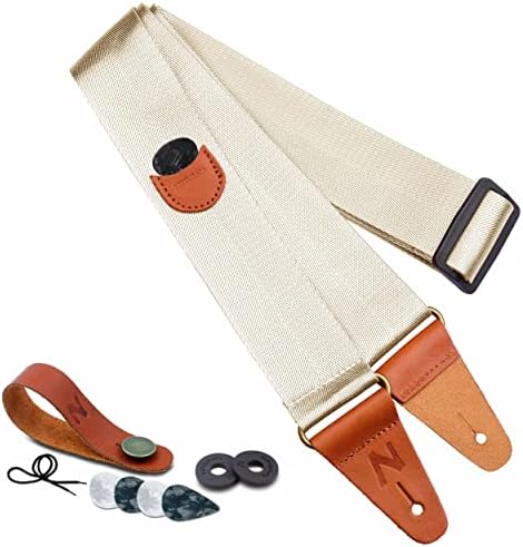 Guitar Strap with Pick Pocket, Vintage Nylon Full Grain Leather Ends Guitar Straps for Bass, Electric & Acoustic Guitar, Come with Free Strap Button, 1 Pair Strap Locks and 4 Guitar Picks (Bright White)
