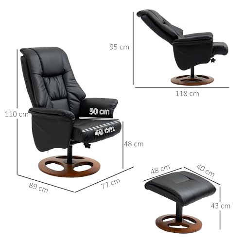 HOMCOM Relaxsessel mit Hocker, Fernsehsessel, Polstersessel, TV Sessel mit Liegefunktion, 130° neigbar, für Wohnzimmer, Freizeitraum, Kunstleder Schwarz, 77 x 89 x 110 cm – Bild 4
