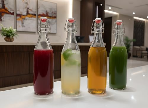 Image of Vency Fliptop Glass glass bottle 1 litre for Fridge, Transparent, Leakproof Flip Cap, Airtight Seal, for Milk, Juice, Cold Beverages, Durable, Scratch-Proof, Freezer Safe (Rocco)