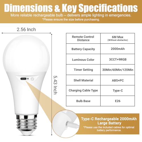 Image of Yochoice Rechargeable Battery Operated Light Bulb with Remote Control, Dimmable LED A19 Bulb with 9 Colors Selectable & 3 Timer, Wireless Light Bulb for Wall Sconce, Non-Hardwired,2 Pack