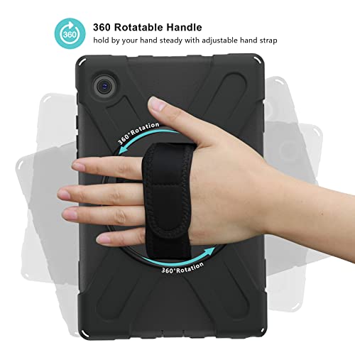 Procase Galaxy Tab A8 Case 10.5 Inch 2022 (Sm-X200/X205/X207), Rugged Heavy Duty Shockproof Case With Hand Strap Rotating Kickstand Protective Cover Case For 10.5" Galaxy Tab A8 2022–Black #TOP2