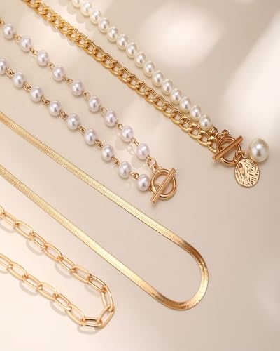 Gold Layered Necklaces for Women Chunky Layered Gold Necklaces Stacked Paperclip Chain Pearl Neck-lace Herringbone Toggle Clasp Choker Trendy Jewelry Gifts for Her 6