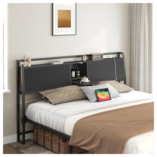 MAHANCRIS Headboard Queen Size Only, Headboard with 4 Outlets and 4 USB Ports, Industrial Head Board with Flip Door and Bed Frame Adapter, Height Adjustable, Black