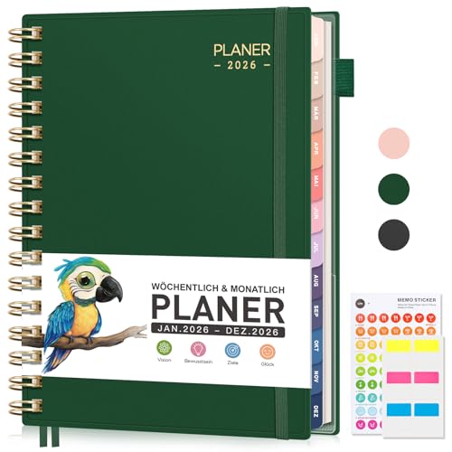 RETTACY Kalender 2026 - Terminplaner 2026 Notizbuch A5, Wochenplaner für Schule, Studium & Arbeit - Jan-Dec 2026 - Dunkelgrün