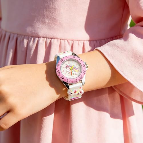 XWDEEX Girls Watch, Unicorn Watches for Kids Analogue Watch, Easy to Read, Children Watches for Sport Outdoor Learning Educational, Christmas Birthday Gift for Age 3-8, Waterproof, White Pink - Image 5