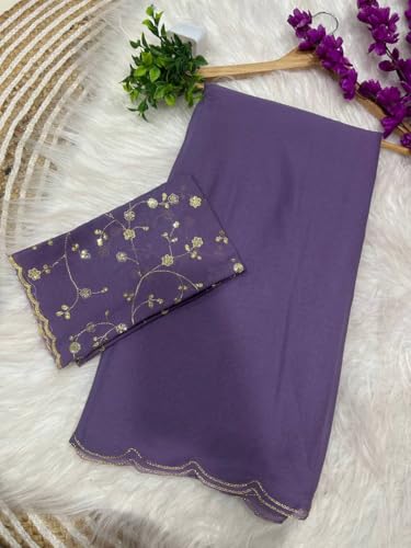 Image of Chinon Silk Saree with Embroidered Blouse, Traditional Georgette Saree, Elephant Embroidery Pattern, V-Neck Design, Free Size, Festival Wear