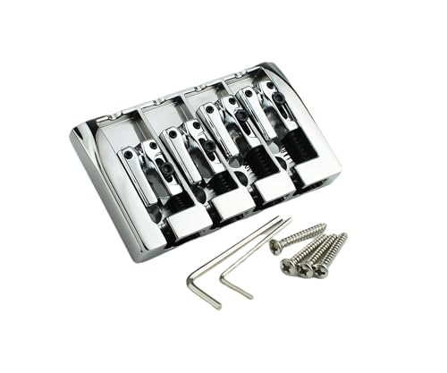 Guyker Bass Guitar Bridge, 4 String Fixed Bridges String Space 19mm Replacement for Jazz Bass or Precision Instruments (GB404, Chrome)