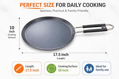 Image of Pure Iron Induction Tawa 10 inch Diameter for Roti, Chapati & Dosa with Steel Handle | Heavy Iron Tava with Health Benefits | Non-Toxic, No Chemical Layer | Induction & Gas Compatible, 1.3 KG