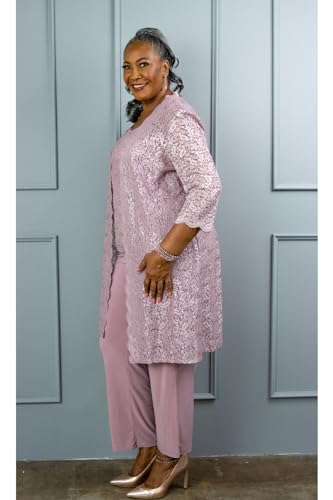 Image of R&M Richards Women's 3-Piece Scallop Glitter Lace Duster Pant Set for Mother of the Bride, Wedding Guest, Cocktail Attire
