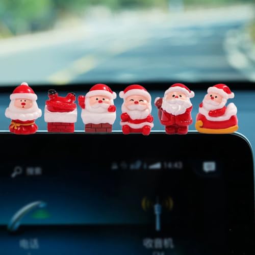 Set of 6 Mini Resin Santa Claus Cute Christmas Car Accessories Funny Car Rear View Mirror & Dashboard Xmas Decorations Adorable Auto Interior Ornaments