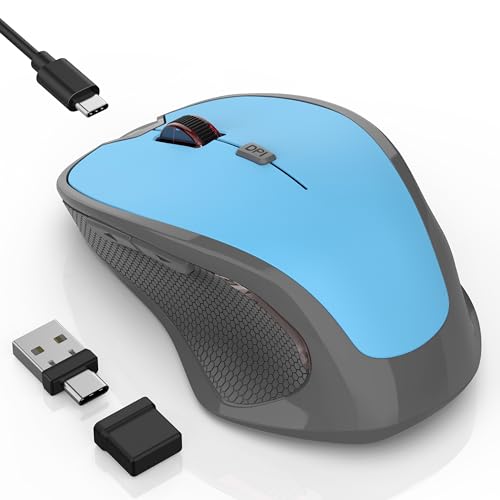 FYBC Wireless Bluetooth Mouse for iPad Pro MacBook, Ergonomic Rechargeable Mice with Jiggler Mode, 2-Mode Bluetooth 5.2/3.0 & 2.4G USB-A/USB-C Receiver, Silent Optical Mouse for Mac PC Laptop, Blue
