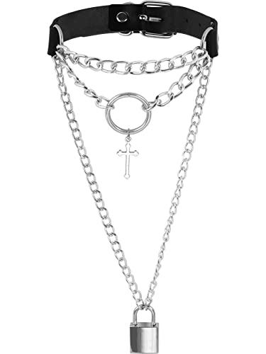 Sacina Gothic Punk Grunge Layered Cross Lock Choker Collar Necklace, PU Leather Collar, Goth Jewelry, Halloween Christmas Jewelry Gift for Women