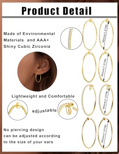 4 pares de aretes de aro clip on para mujer 40mm miniatura 2