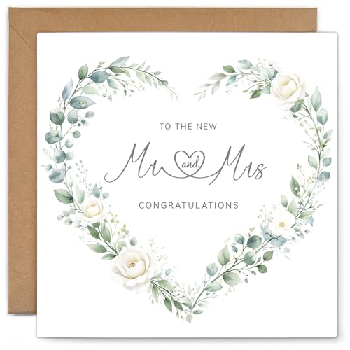 Image of YISCOKO Wedding Card for Bride and Groom Wedding Day Card White and Green Minimalist Theme.148x148mm.Supplied with Envelope and Gold Sticker.