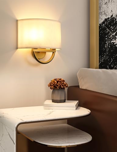 Image of Industrial 2-Lights Wall Sconce Fixture with White Fabric Shade, Double Arm Wall Light Lamps Decor for Hallway Bedroom Living Room Bathroom Stairway