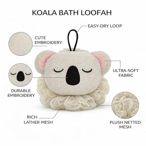 Image of Luxe Home International Bath Sponge For Kids And Adult Microfibre Soft Shower Loofah Koala Pattern Gentle Skin Exfoliating Body Scrubber For Toddler Grey 15x17cm Pack Of 1