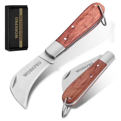 WORKPRO Klappbares Elektriker Messer mit Gebogene Edelstahl-Klinge, Polierter Holzgriff, Verstärkte Stahlzwinge, Mit Bandring & Nagelkerbe, Ideal zum...