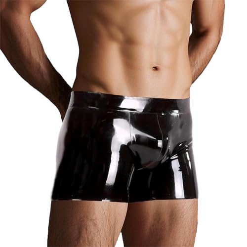 GREEFEI Schwarze Latex Boxershorts für Männer,Shorts Mit Niedriger Taille,Herrenhöschen Dessous Gummikleidung M
