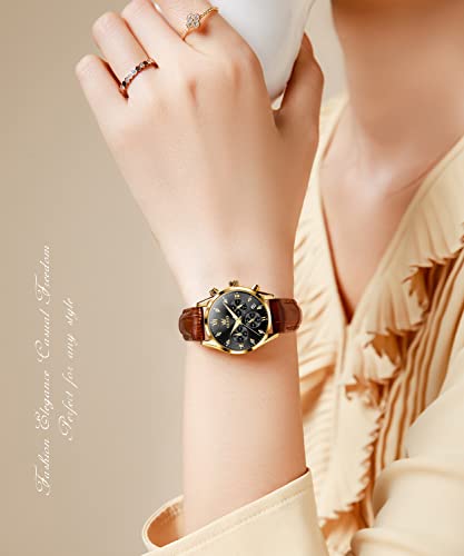 Olevs Women Watch Brown Leather Straps Ladies Gold Blck Fashion Dress Analog Quartz Date Day Waterproof Luminous Chronograph Female Wrist Watch #TOP1