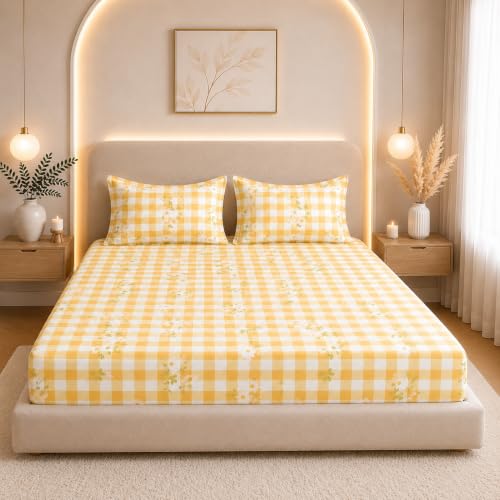 Image of THE HOME STYLE Supersoft Glace Cotton Elastic Fitted All Around King Size Printed Double Bedsheet with 2 Pillow Cover & King Size Comforter /Duvet /Blanket (72 inchx78 inch + Comforter, Daisy Sunshine Check)