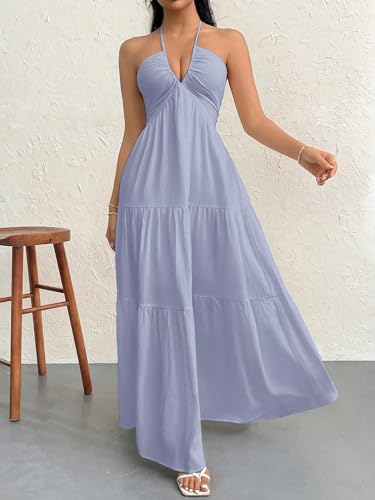 Image of Narecte Women's Maxi Summer Dresses Halter V Neck Beach Dresses for Women A-Line Casual Dress for Vacation
