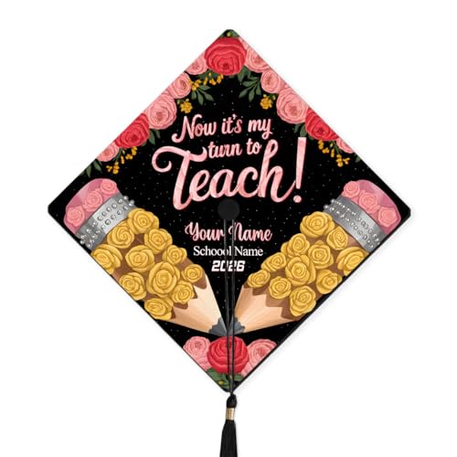 Hieprints Teacher Big Heart Grad Cap Topper, Personalized Graduation Hat Decoration for Teachers, Education-Themed Cap Decor (TC10, One Size)