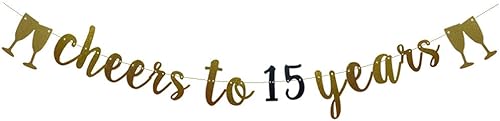 Bandera de Cheers To 15 Years Gold and Black Glitter Paper Party Decor For 15th Wedding Anniversary 15 Years Old 15TH Birthday Party Supplies disponible en Yaxa Colombia