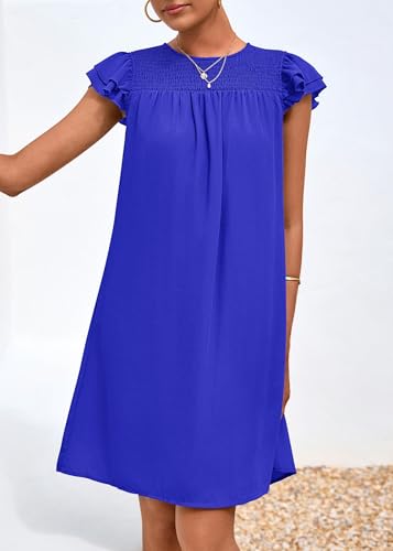 Image of KIRUNDO Spring Dresses for Women 2024 Casual Ruffle Sleeve Crew Neck Mini Tunic Shift Dress Cute Summer Flowy Chiffon Dresses(Royal Blue, Medium)