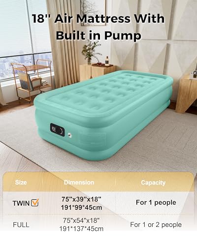 Image of Twin Air Mattress with Built in Pump, Single Blow up Air Bed with Portable Storage Bag, Suitable for Home and Guests, Top Flocking, 18 inch Turquoise Green