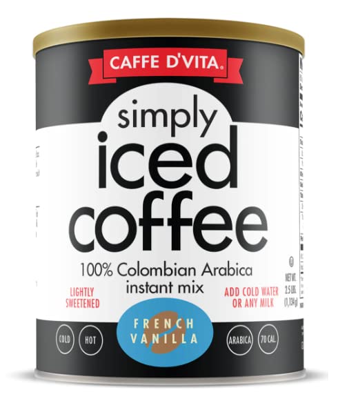 Caffe D'Vita Simply Iced Coffee French Vanilla - Mezcla instantánea 100% arábica colombiana, café instantáneo de vainilla francesa, café helado bajo