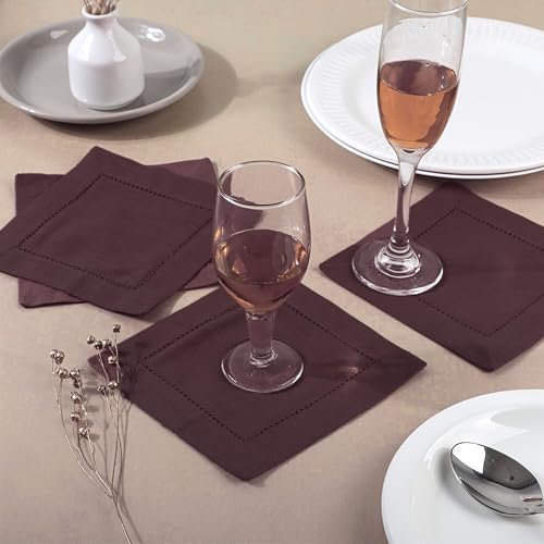 Image of Fingercraft Cotton Cocktail Napkins 6x6 Inches - Set of 12 Reusable Cloth Beverage Coasters with Elegant Ladder Hemstitch - Perfect for Parties, Bars & Home Use (Chocolate Slub)