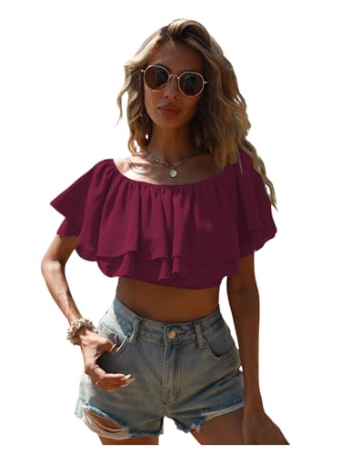OYOANGLE Women's Off Shoulder Short Sleeve Ruffle Blouse Summer