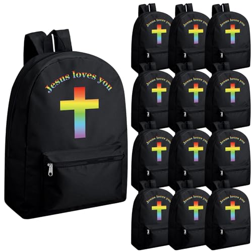 Amylove 12 Pcs Kids Christian Backpacks Bulk- 17'' Religious Jesus Loves You Cross Backpack for Christmas Church Gifts(Black)