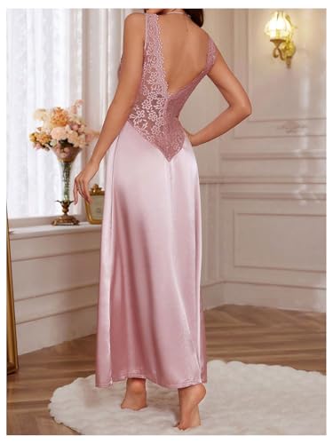 Image of WDIRARA Women's Satin Sleepwear Nightgown | Lace, Backless, Deep V Neck, Sleeveless, Long
