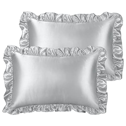 PiccoCasa Luxury Ruffled Pillow Shams Set of 2, Retro Silky Pillow Cover with Ruffle, 85 GSM Satin Pillowcases with Envelope Closure Queen Silver