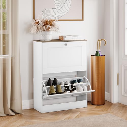 Vida Designs 2 Drawer Shoe Cabinet | White & Oak | Space-Saving Storage for 10+ Pairs | 80H x 58W x 23.5D cm | Anti-Tip | Modern Hallway Unit