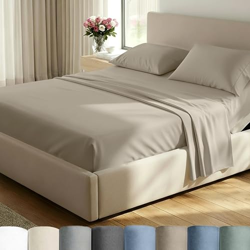 Image of California Design Den Split King Sheet Set - 100% Cotton, 600 Thread Count, Breathable Luxury King Size Sheets for Adjustable Bed, Luxury Hotel-Quality Sheets with Soft Sateen Weave (Cool Taupe)