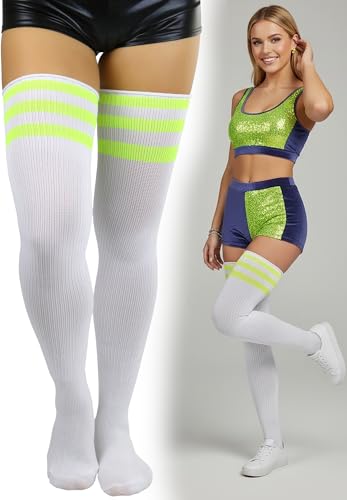 Image of ToBeInStyle Women's Heavyweight Knit Thigh High Long Socks w /Contrast 3 Stripe Top Band - White /Neon Green
