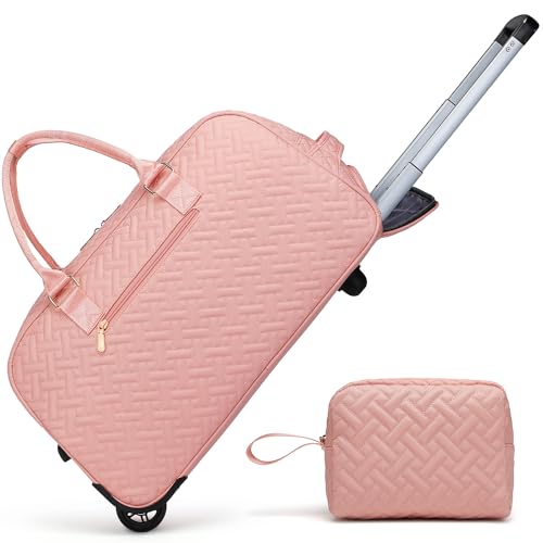 Rolling Travel Duffle Bag with Wheels for Women, Large Carry on Duffel Bags with Toiletry Bag Wet Pocket, Weekender Overnight Traveling Bag with Roller Pink