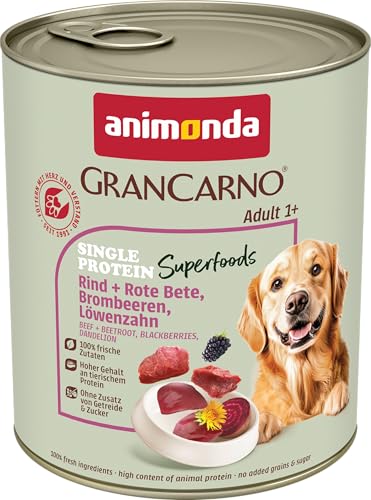 animonda GranCarno Hunde Nassfutter Single Protein Superfoods Rind pur (6 x 800g), getreidefreies Hundenassfutter ohne Zucker, für ausgewachsene Hunde, mit frischen fleischigen Zutaten