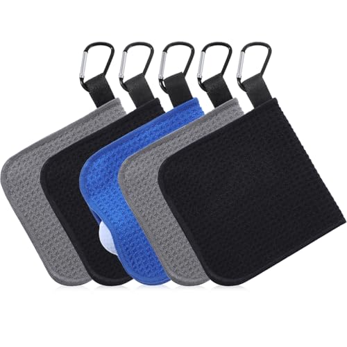 Batiyeer 5 Pack Small Golf Towel 5.5 x 5.5 Inch Microfiber Waffle Material with Clip Portable Pocket...