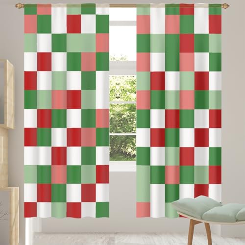 Fabpuro Lot de 2 voilages semi-transparents pour fenêtres de salon, chambre à coucher, 198,1 cm de long, avec passe-tringle – Voilage à carreaux rouge et vert – 140 x 198 x 2 cm